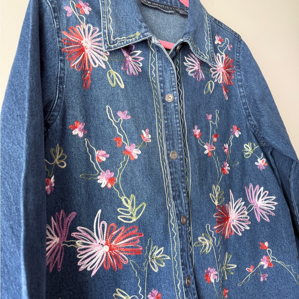 Vintage Embroidered Floral Denim Button Down Shirt - Picture 3 of 8